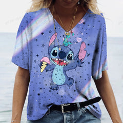 Lilo&Stitch Women's T-shirt Fashion V-neck Short sleeved Top Summer Women's Clothing Casual Harajuku T-shirt Street Trend