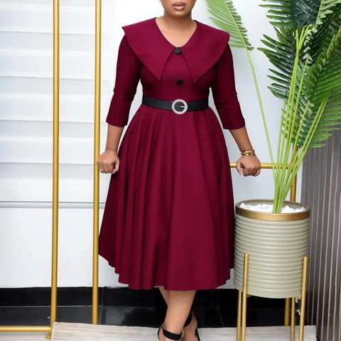 Elegant Office Dress for Women Midi With Sleeve O Neck Turn Down Collar Three Quarter Belt Waisted Mid Calf Formal Work Dress OL