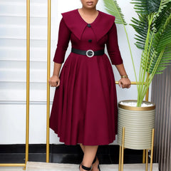 Elegant Office Dress for Women Midi With Sleeve O Neck Turn Down Collar Three Quarter Belt Waisted Mid Calf Formal Work Dress OL