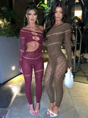 Off Shoulder Long Sleeve Rhinestones Sexy Overalls Sparkly Party Rompers