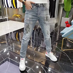 High-end European Korean Men's Slim Fit Jeans with Tiger Diamond Print for Casual Wear Spring Autumn Stretch Luxury Clothing Men