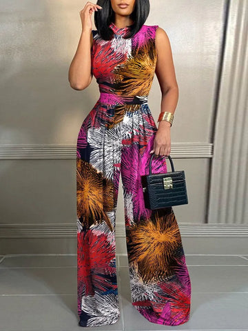 Elegant Women Wide Leg Juumpsuit Summer Fashion Printed Sleeveless Casual Wear
