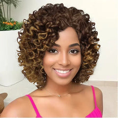 Synthetic Mixed Brown Curly Wigs for Women Short Afro Natural Hair African American Bob Wig Wave Curly