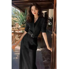 Red Knitted Dress New Autumn Temperament Senior Sense of Waist Long Dress French Skirt Women's Clothing