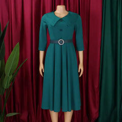 Elegant Office Dress for Women Midi With Sleeve O Neck Turn Down Collar Three Quarter Belt Waisted Mid Calf Formal Work Dress OL