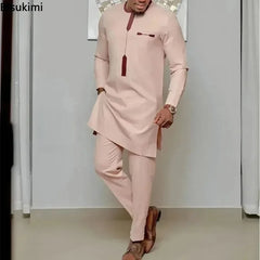 African men Wedding Beaded Long-sleeved Top Pants Set Kaftan Traditional Clothing Ethnic Casual Men's 2Pcs Suit