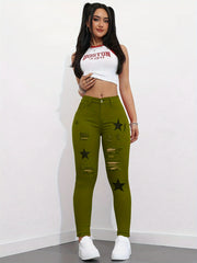 Red Mid-Waist Tight Ripped Printed Stretch Denim Trousers Plain Washed Small Toes Star Applique Elegant Fashion Sexy Classic