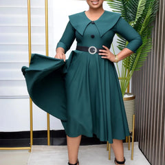 Elegant Office Dress for Women Midi With Sleeve O Neck Turn Down Collar Three Quarter Belt Waisted Mid Calf Formal Work Dress OL