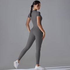 Women's Jumpsuits One-Piece Suit Zipper Short Sleeve Gym Workout Clothes Fitness Bodysuit