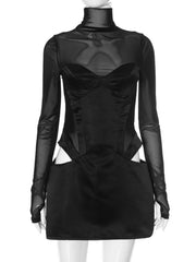 Fashion Chic Turtleneck Mesh Patchwork Short Dress Party Clubwear Long Sleeve See-through Hollow Out Mini Corset Dresses Black
