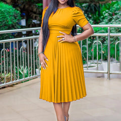 Elegant Pleated O Neck Short Sleeve Mid Calf Formal Business Wear Midi Vestidos Mujer Dress