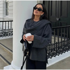 Winter Gray Knitted Cape Coats Scarf Women Outerwears Fashion Clothing Long Sleeve Jackets Elegant Chic Cloak Casual Coat Jacket