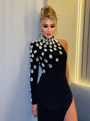 Celebrity One Sleeve Rhinestone Black Maxi Long Bodycon Elegant Evening Wear