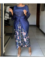 African Printed Two Piece Sets Skirt Womens O-neck Loose Flare Sleeve  Lace-up Skirt 2 Piece Suit Womens