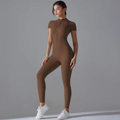 Women's Jumpsuits One-Piece Suit Zipper Short Sleeve Gym Workout Clothes Fitness Bodysuit