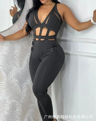 New Summer Fashionable Hollow Camisole Buckle Comparison Mesh Tight Jumpsuit