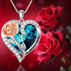 "I Love You" Heart Flower Rose Pendant Crystal Necklace with heart, rose, and crystal details