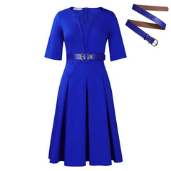 Elegant Office Dresses For Woman V Neck Half Sleeve High Waisted Belt Waisted Pleated Mid Calf Classy Modest Female Work Gowns