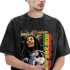 Bob Marleyed Music Tour Washed T Shirt Jamaican Reggae Singer Guitarist Street Style Summer Tees