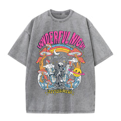 Wonderful Night Skeleton Butterfly Wave Print Womens T-Shirts Fashion Oversized Tops Street Comfortable Clothing Loose Wash Tee