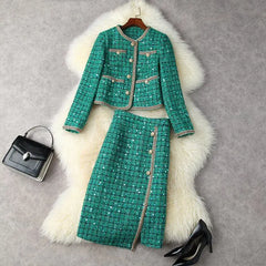 Y2K Women Elegant Vintage Tweed Fragrant Suit Jacke Coat Top And Skirt Two Piece Set Green Outfit Winter Jacquard Party Clothing