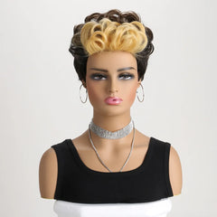 Synthetic Short Pixie Cut with Wavy Bangs Mixed Black Brown 2 Tones Hair Wigs for Women Wavy Hair