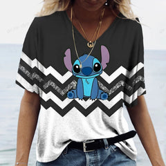Lilo&Stitch Women's T-shirt Fashion V-neck Short sleeved Top Summer Women's Clothing Casual Harajuku T-shirt Street Trend