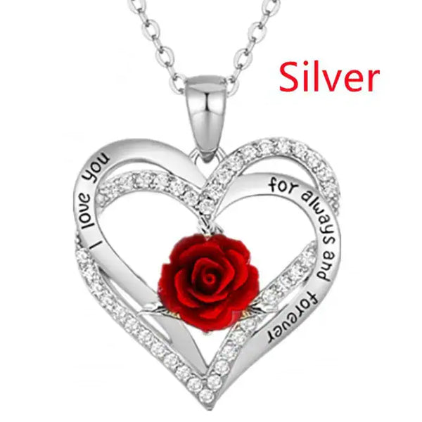 I Love You For Always And Forever Rose Heart Pendant Necklace