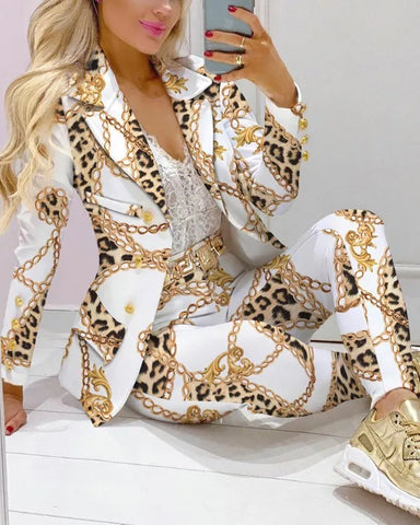 Elegant Two Piece Fashion Print Casual Pants Suits Outfit
