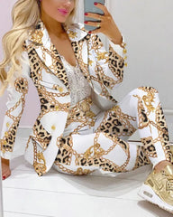 Elegant Two Piece Fashion Print Casual Pants Suits Outfit