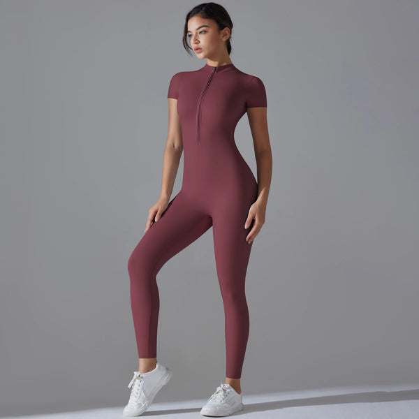 Women's Jumpsuits One-Piece Suit Zipper Short Sleeve Gym Workout Clothes Fitness Bodysuit