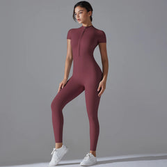 Women's Jumpsuits One-Piece Suit Zipper Short Sleeve Gym Workout Clothes Fitness Bodysuit