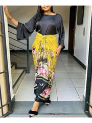 African Printed Two Piece Sets Skirt Womens O-neck Loose Flare Sleeve  Lace-up Skirt 2 Piece Suit Womens