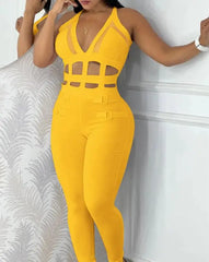 New Summer Fashionable Hollow Camisole Buckle Comparison Mesh Tight Jumpsuit