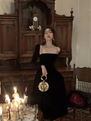 French Black Velvet Spaghetti Strap Midi Dresses for Women Summer Autumn Elegant Party 2-piece A-line Evening Formal Attire Dresses