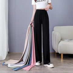 Women Spring Summer Ice Silk Wide Leg High Waist Pants Loose Straight Casual