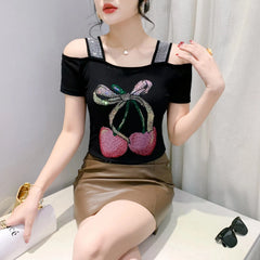 Summer European Clothing T-shirt Female New Short Sleeve Tops Shirt Fashion Butterfly Diamonds Mesh Tees Women Slim T-Shirt