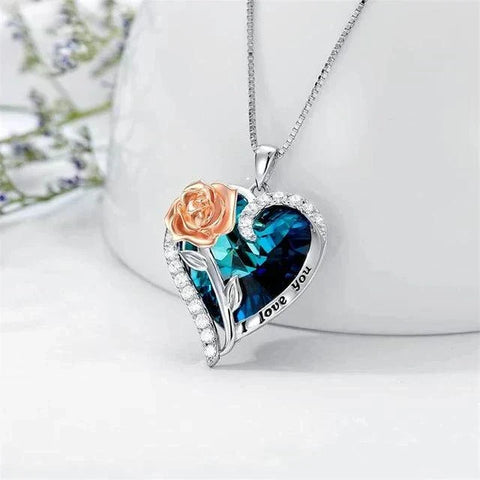 "I Love You" Heart Flower Rose Pendant Crystal Necklace with heart, rose, and crystal details
