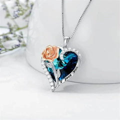 "I Love You" Heart Flower Rose Pendant Crystal Necklace with heart, rose, and crystal details