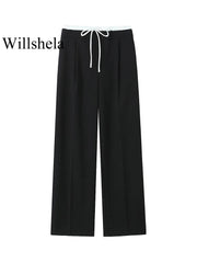 Willshela Fashion Solid Lace Up Side Zipper Straight Pants Vintage Elastic High Waist Chic Trousers