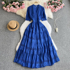 French Elegant Lace Embroidery Prom Midi Dress Women's V Neck Puff Sleeve High Waist Hollow Out Long Summer Sundress Clothing