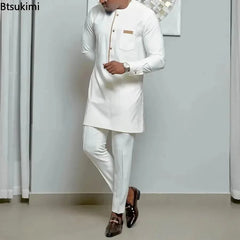 African men Wedding Beaded Long-sleeved Top Pants Set Kaftan Traditional Clothing Ethnic Casual Men's 2Pcs Suit