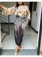 African Printed Two Piece Sets Skirt Womens O-neck Loose Flare Sleeve  Lace-up Skirt 2 Piece Suit Womens