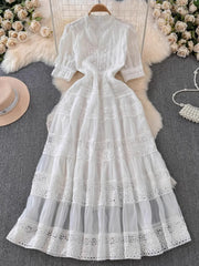 French Elegant Lace Embroidery Prom Midi Dress Women's V Neck Puff Sleeve High Waist Hollow Out Long Summer Sundress Clothing