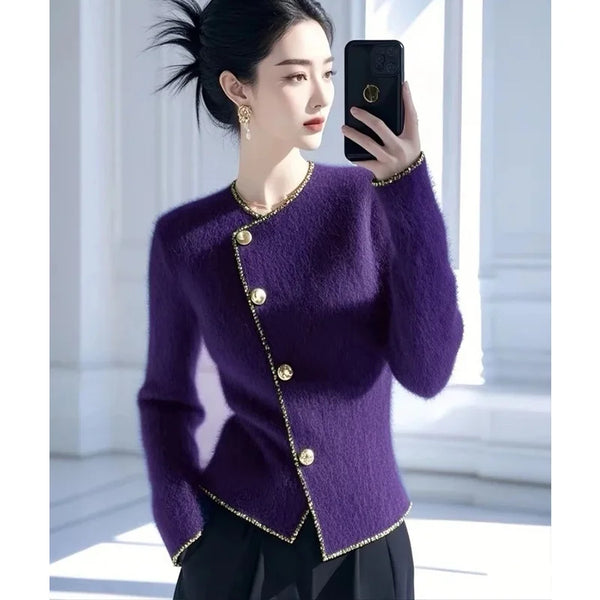 Women Clothing French Elegant Vintage Purple Sweaters Office Lady Fashion Commute Knitted Cardigan Spring Autumn New Knitwear