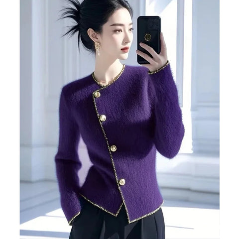 Women Clothing French Elegant Vintage Purple Sweaters Office Lady Fashion Commute Knitted Cardigan Spring Autumn New Knitwear