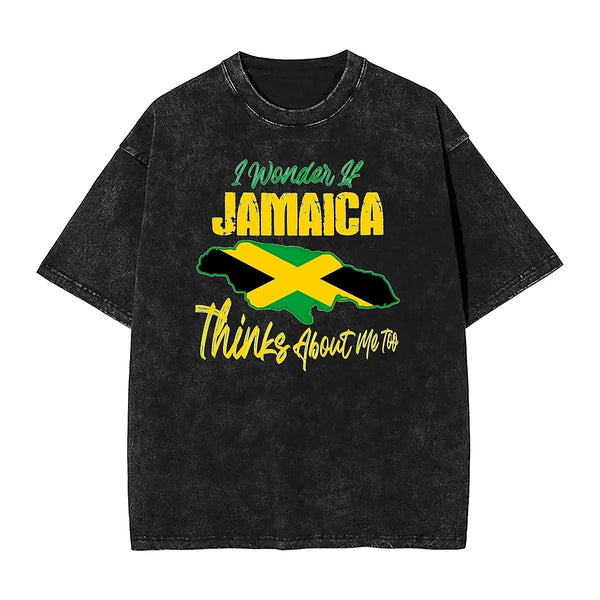 I Wonder If Jamaica Thinks About Me Too T-Shirt Jamaican Flag T Shirts Short Sleeve Tshirt Summer Round Neck Oversize Clothing