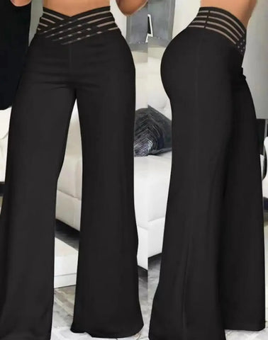 Women Wide Leg Flared Pants Crisscross Sheer Mesh Y2k Streetwear