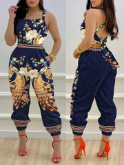 New Summer Fashion Printed Sleeveless Jumpsuit Sexy Hollow Backless Lace Up Long Jumpsuits Elegant Casual Jumpsuit With Pocket