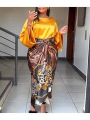 African Printed Two Piece Sets Skirt Womens O-neck Loose Flare Sleeve  Lace-up Skirt 2 Piece Suit Womens
